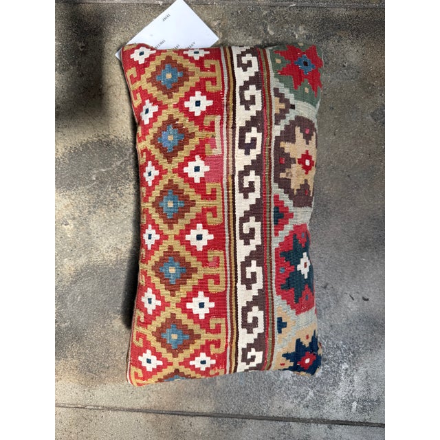 Mid-Century Modern Colorful Tribal Accent Pillow Made From 19th Century Handwoven Wool Caucasian Kilim Rug For Sale - Image 3 of 4