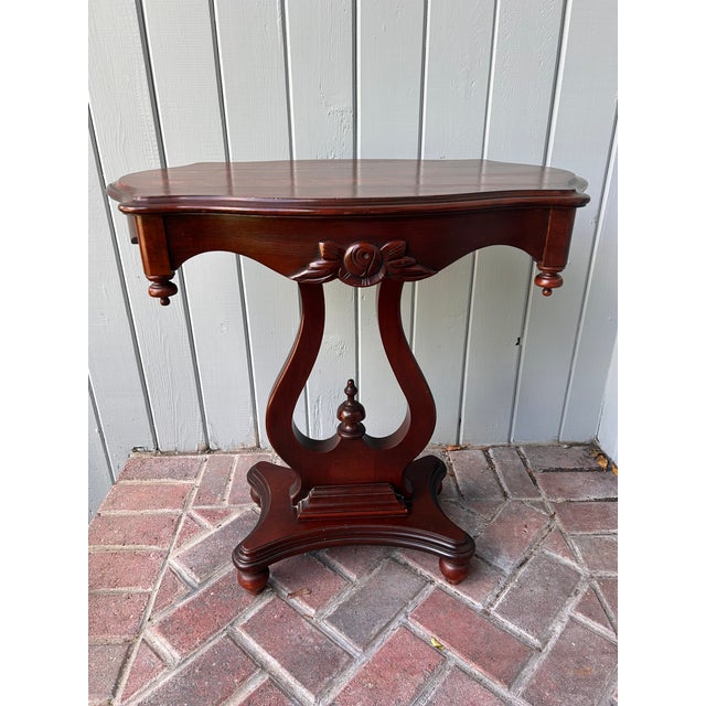 Vintage Lyre Base End Tables - Pair of Carved Mahogany Tone Harp Side Tables For Sale In New York - Image 6 of 11