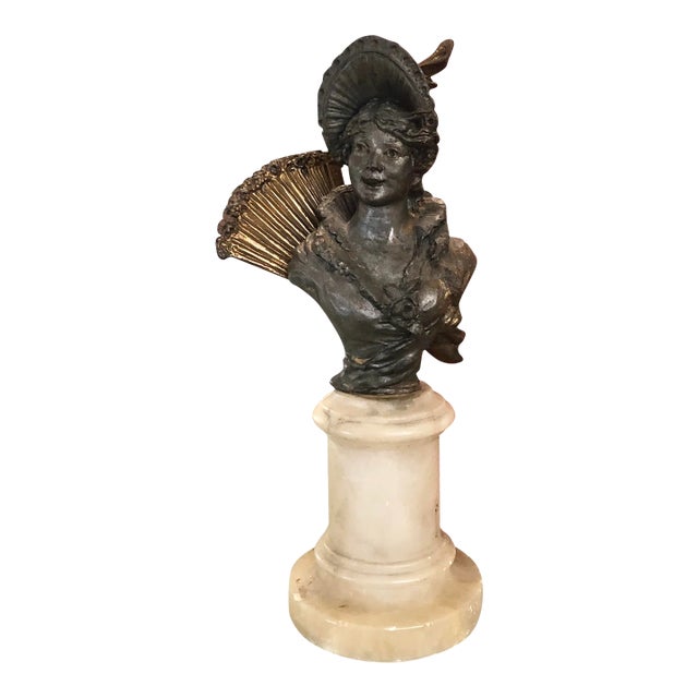 Antique Spelter Bust on Alabaster Art Nouveau Victorian Woman For Sale