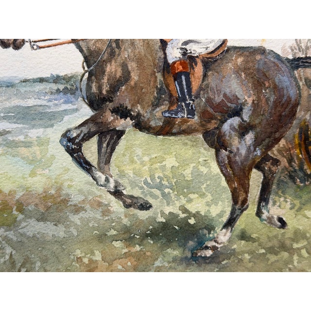 British Sporting School, Circa 1990 – The Huntsman on a Bay Hunter – Equestrian Watercolor Gilt Framed & Mounted For Sale - Image 9 of 11