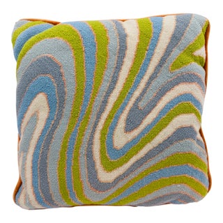 Vintage 1970s Abstract Swirl Needlepoint Pillow With Burnt Orange Velvet Back For Sale