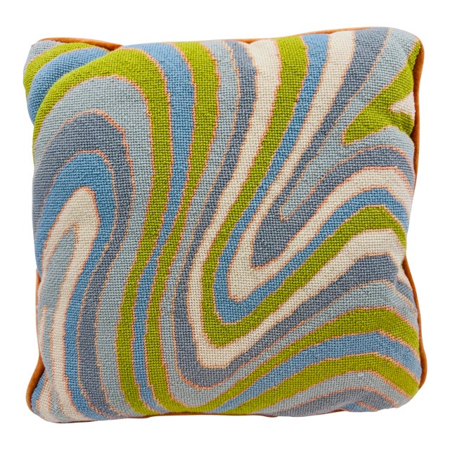 Vintage 1970s Abstract Swirl Needlepoint Pillow With Burnt Orange Velvet Back For Sale