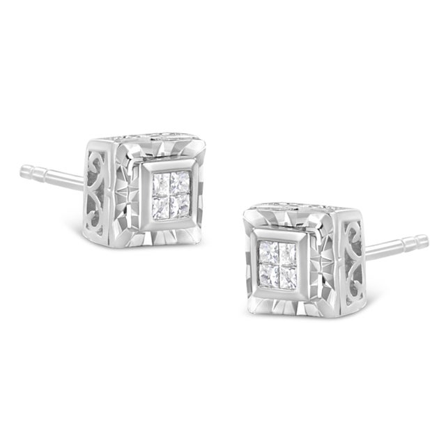 Contemporary .925 Sterling Silver 1/6 Cttw Invisible Set Princess-Cut Diamond Quad Composite Stud Earrings (H-I Color, I1-I2 Clarity) - 2 Pieces For Sale - Image 3 of 6