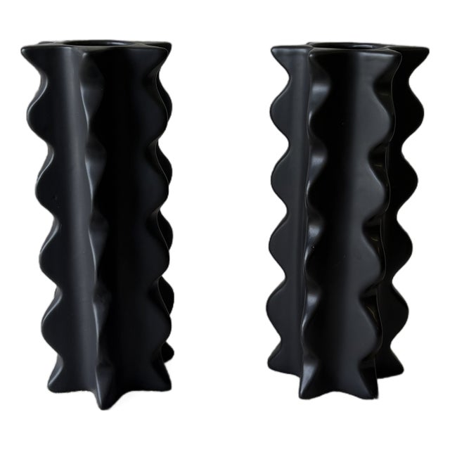 Set of 2 Sculptural Matte Black Bud Vases For Sale