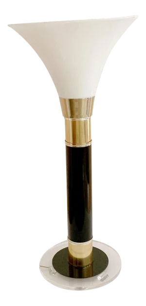 Vintage Karl Springer Style Art Deco Torchiere Table Lamp Glossy Black Gold White Glass and Lucite