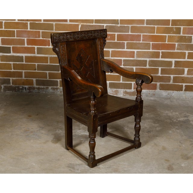 Early 18th Century English George III Period Early 18th Century Oak Armchair with Carved Back For Sale - Image 5 of 12