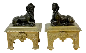 18th C. Louis XVI Patinated & Gilt Bronze Sphinx Motif Andirons/Chenets - a Pair