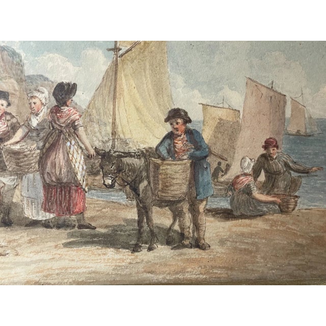 19th Century Antique 1800's Original Watercolor Trading Landscape Nautical Sailboat Painting For Sale - Image 5 of 12