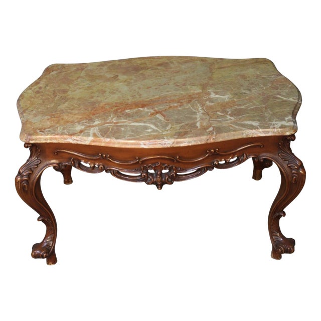 Baroque Style Coffee Table with Wooden Base and Marble Top, 1950s For Sale