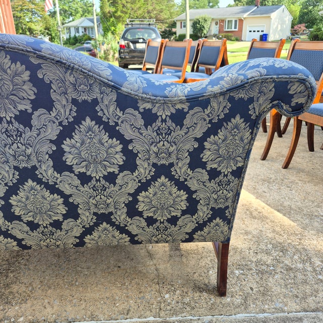 Blue Mid-20th Century Blue Damask Camelback Settee Loveseat Petite Sofa Rolled Arms Nailhead Trim For Sale - Image 8 of 16