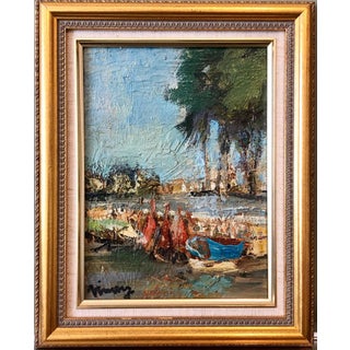Jean Vinay, French Expressionist Ecole de Paris Oil Painting Boats on French Riviera For Sale