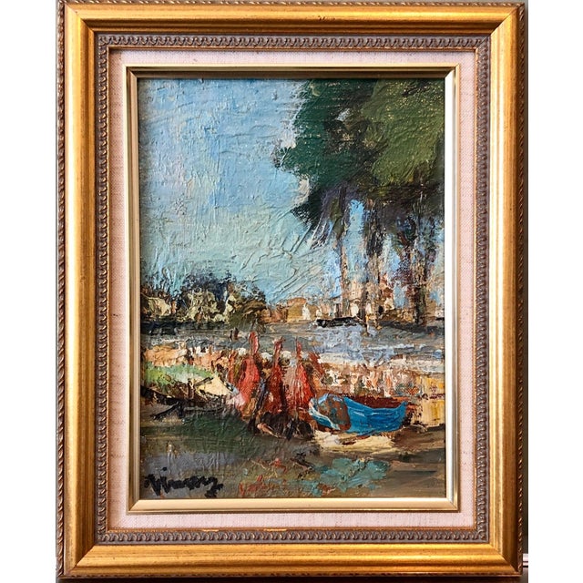 Jean Vinay, French Expressionist Ecole de Paris Oil Painting Boats on French Riviera For Sale