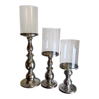 Vintage Towle Chrome-Plated Metal Candle Holders With Hurricane Glass Shades - A Set of 3 For Sale