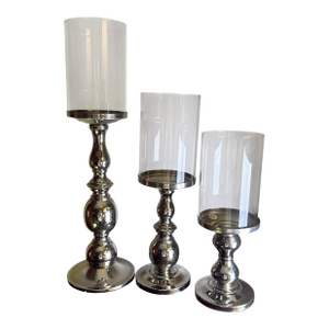 Vintage Towle Chrome-Plated Metal Candle Holders With Hurricane Glass Shades - A Set of 3