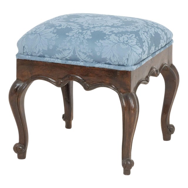 Victorian Style Blue Damask Upholstered Ottoman For Sale