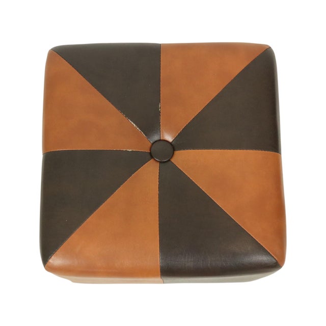 Nice square vintage pouf in patchwork style, made from a wooden base and upholstered in high-quality two-tone brown and...