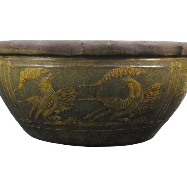Ceramic Large Vintage Glazed Earthenware Planter With Hand Painted Mystic Birds and Plants For Sale - Image 7 of 8