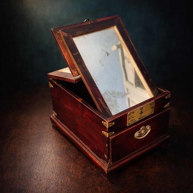 Antique Korean Joseon Dynasty Vanity Box | 19th Century Campaign Style Traveling Mirror Chest | Moody Dark Wood & Brass Relic For Sale - Image 4 of 9