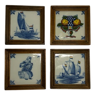 Vintage Framed Hand-Painted Tiles by Tichelaar Makkum, 1960s, Set of 4 For Sale