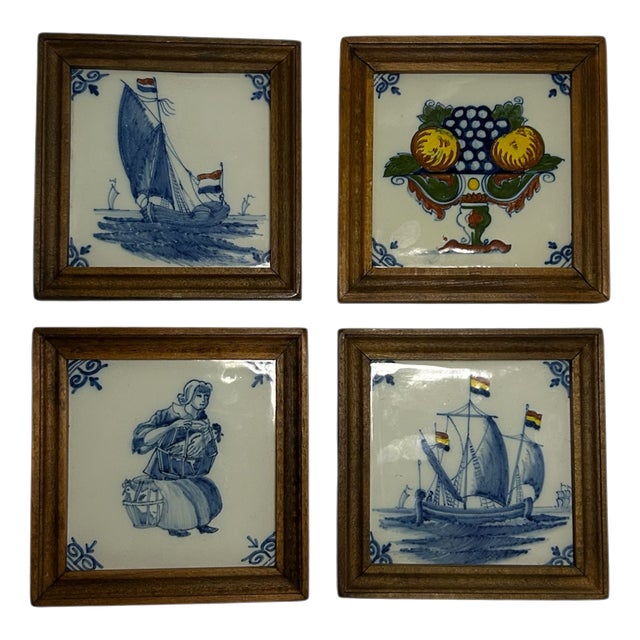 Vintage Framed Hand-Painted Tiles by Tichelaar Makkum, 1960s, Set of 4 For Sale