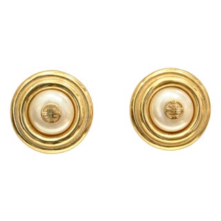 1980s Givenchy Classic Chanel Inspired Glass "Gg" Logo Glass Pearl Gold Plated Earrings, 2 Pieces For Sale