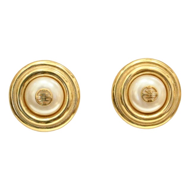 1980s Givenchy Classic Chanel Inspired Glass "Gg" Logo Glass Pearl Gold Plated Earrings, 2 Pieces For Sale