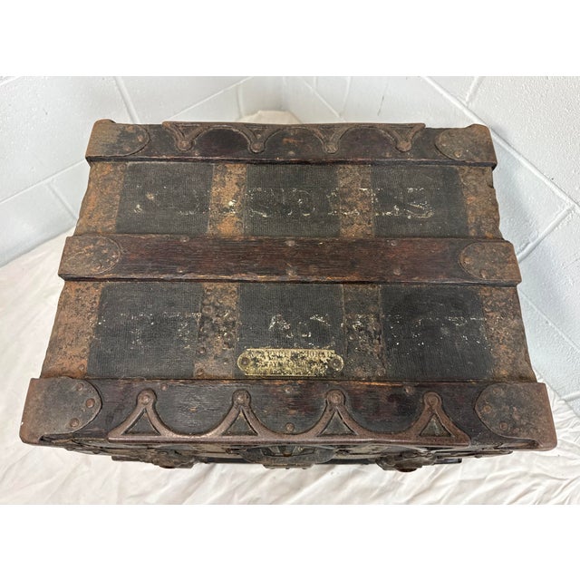 Rare Antique Miniature 19th Century Handmade Wood Iron Taylor Steamer Trunk For Sale - Image 4 of 17