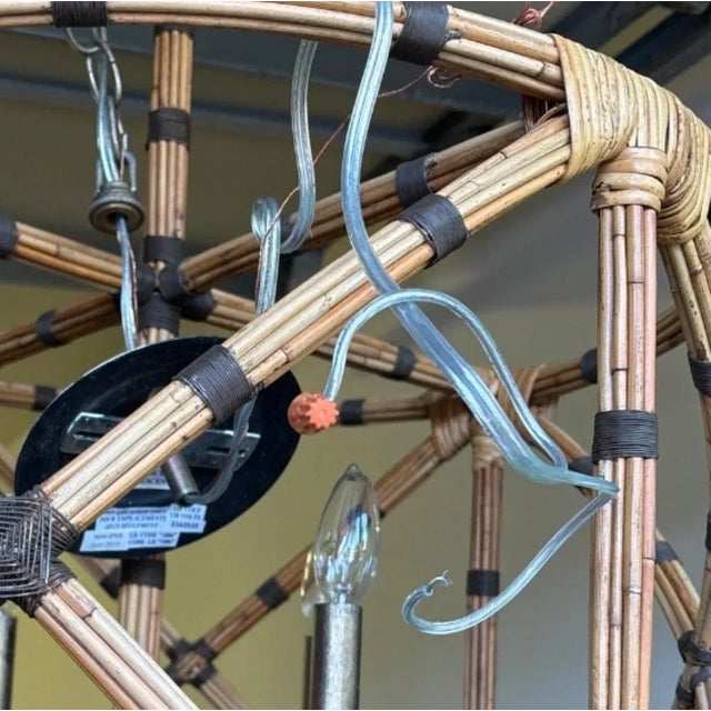 Large Rattan BambooChandelier With 4 Lights. Contrasted With Black Bindings. Modern Wiring. For Sale In West Palm - Image 6 of 6