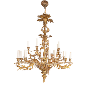Mid 20th Century Large Gilt Metal Multi-Arm Chandelier – French Style Acanthus Leaf Form, 20+ Lights