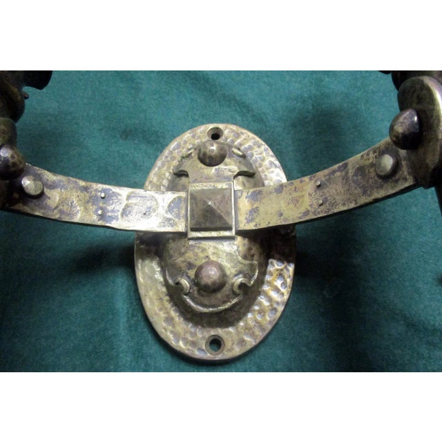 Gothic 1910s Arts & Crafts Hammered Brass Double Candle Sconce by Biddle and Gaumer - Set of 3 For Sale - Image 3 of 11