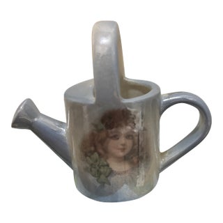 Vintage Miniature Ceramic Watering Can Figurine – Iridescent Lusterware With Victorian Girl Portrait, Shabby Chic Curio Decor For Sale