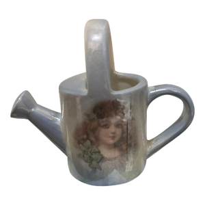 Vintage Miniature Ceramic Watering Can Figurine – Iridescent Lusterware With Victorian Girl Portrait, Shabby Chic Curio Decor