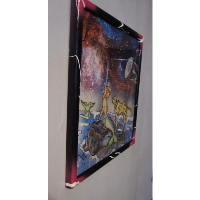Contemporary On the Rocks by Louis Recchia | Mixed-media acrylic on plexiglas Mermaid with a cheetah in a cosmic setting For Sale - Image 3 of 5