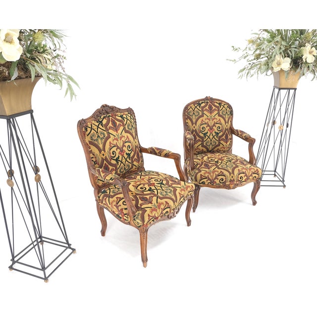 Pair of His & Hers Finely Carved Walnut Country French Lounge Armchairs Tapestry For Sale - Image 14 of 16