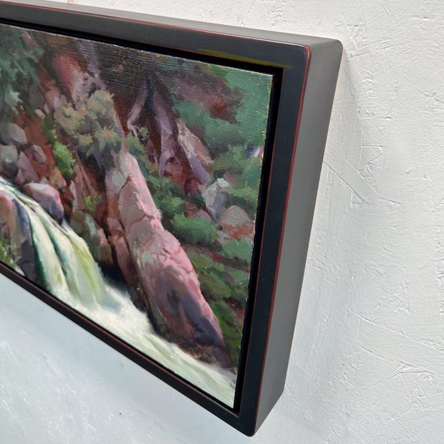 Cold Feet by Judd Mercer | Oil on Wood Panel man standing near a waterfall and rocky riverbank For Sale - Image 4 of 4