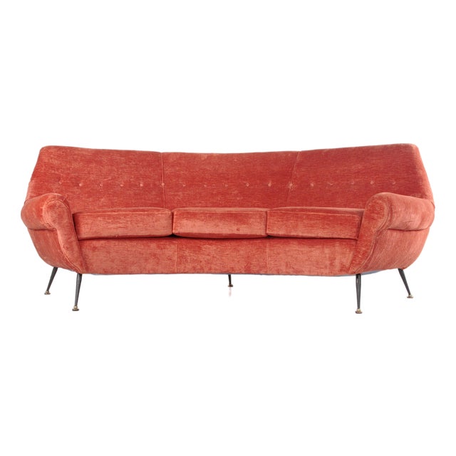 Vintage Coral Velvet Sofa, 1960s For Sale