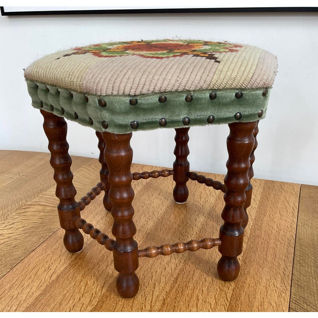 Vintage Mid-Century Oak Footstool With Geometric Needlepoint Tapestry For Sale - Image 4 of 8