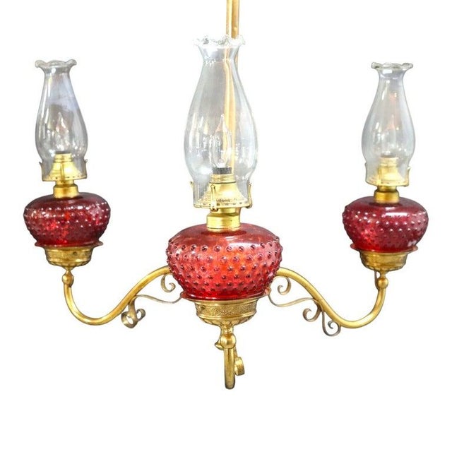 Late 19th Century Brass & Cranberry Glass Electrified 3-Light Hanging Chandelier C1880 For Sale - Image 5 of 10