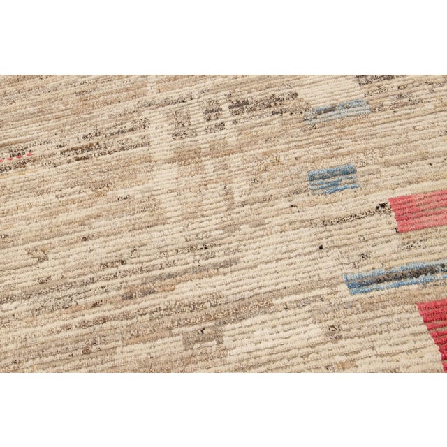 Beige Modern Boho Chic Moroccan Style Handmade Abstract Motif Wool Rug For Sale - Image 9 of 10