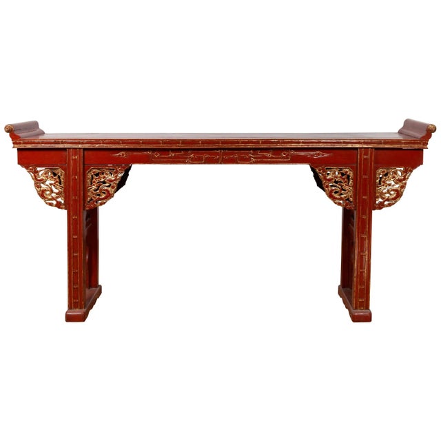 Antique Chinese Red Lacquered Console Table with Gilt Accents and Carved Apron For Sale - Image 13 of 13