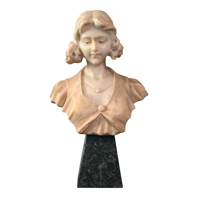Antique Art Nouveau Hand Carved Alabaster Bust of a Young Woman With Marble Stand For Sale