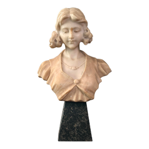 Antique Art Nouveau Hand Carved Alabaster Bust of a Young Woman With Marble Stand