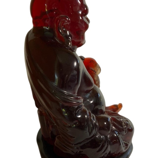 Traditional Vintage Mid-Century Large Translucent Red Resin Laughing Buddha Statue on Carved Wood Base China C. 1960s For Sale - Image 3 of 11