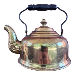 Vintage Solid Brass Tea Kettle With Wood Grip For Sale