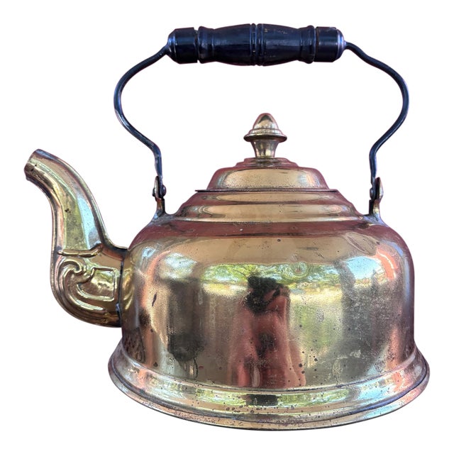 Vintage Solid Brass Tea Kettle With Wood Grip For Sale