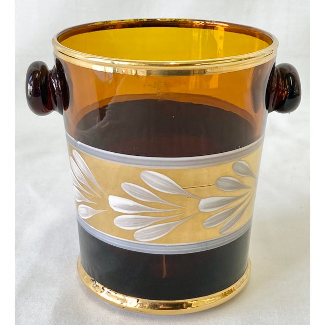 60s Vintage HandPainted Art Glass Tea Glasses & Ice Bucket W/Bakelite