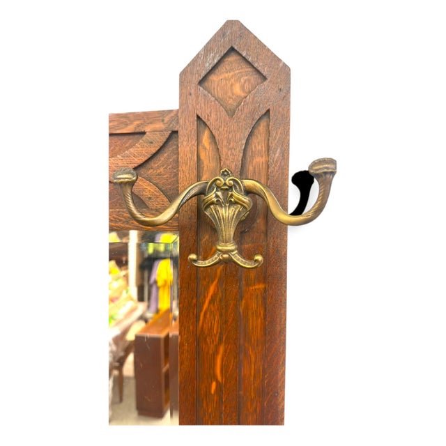 1970s Antique Dark Oak Gothic Revival Hall Mirror With Brass Hooks For Sale - Image 5 of 7