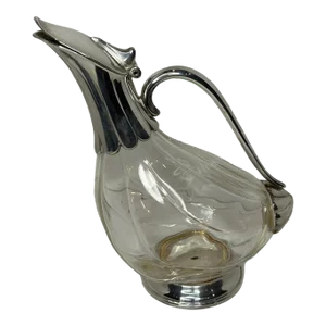 1970s Glass and Silver Plate Duck Decanter Pitcher Rock Crystal Rock