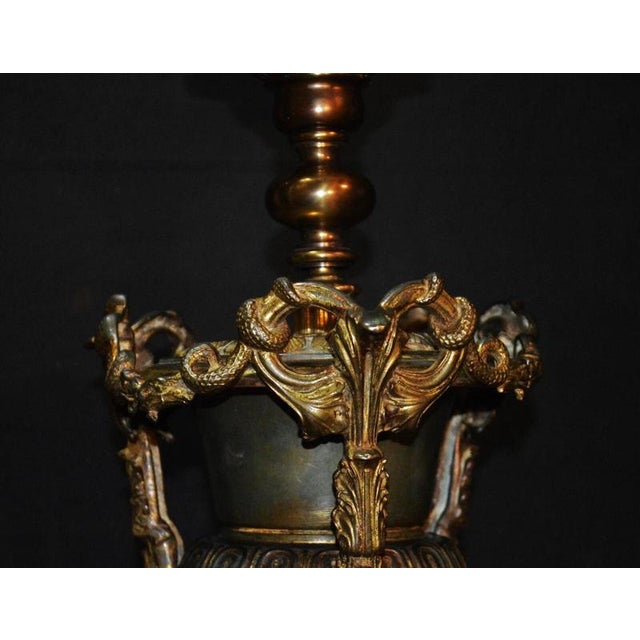 Gothic Revival Bronze Three-Handled Urn Table Lamp with Vianne Flame Shade For Sale - Image 17 of 18