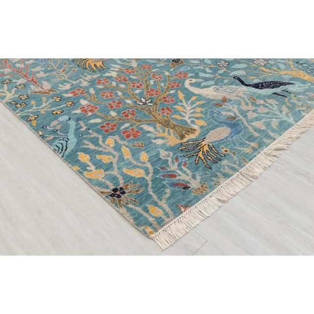 Blue Peacock Birds Garden Scene Soft Hand Knotted Hand Spun Wool Rug 9x12Ft. For Sale - Image 14 of 18
